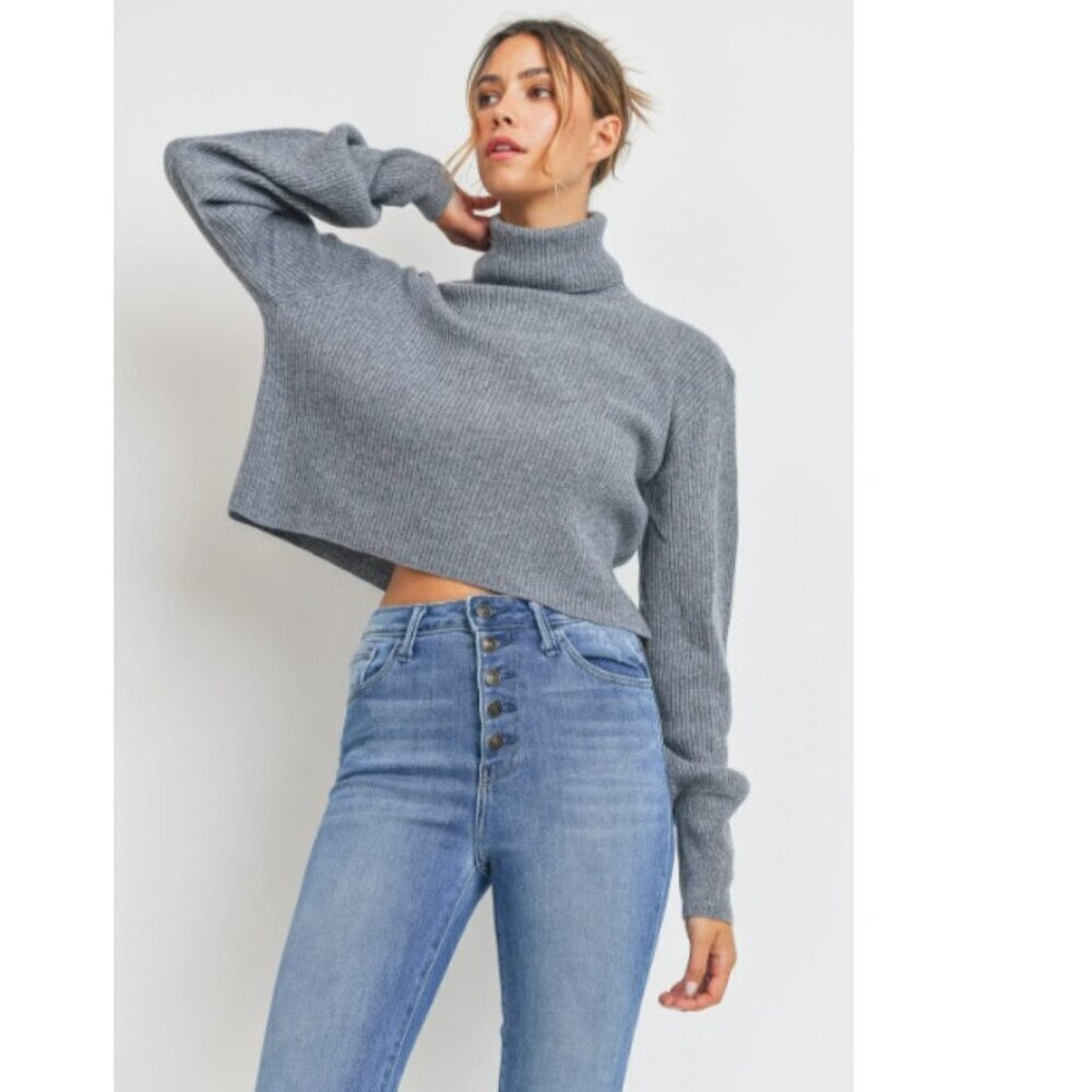 NWOT Womens Cropped cowlneck Sweater Lantern Sleeve Sz L Knit Pullover Gray NEW - Picture 3 of 9